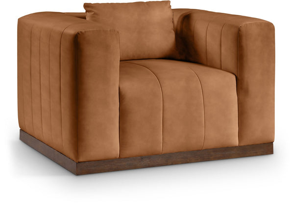 Meridian Furniture Mallina Channel Tufted Pu Leather Accent Chair with Walnut Wood Base for Living Room Cognac 44098Cognac-C