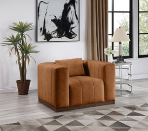 Meridian Furniture Mallina Channel Tufted Pu Leather Accent Chair with Walnut Wood Base for Living Room Cognac 44098Cognac-C