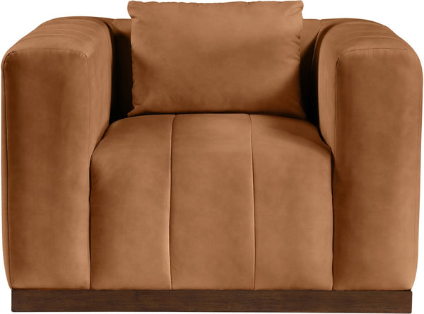 Meridian Furniture Mallina Channel Tufted Pu Leather Accent Chair with Walnut Wood Base for Living Room Cognac 44098Cognac-C