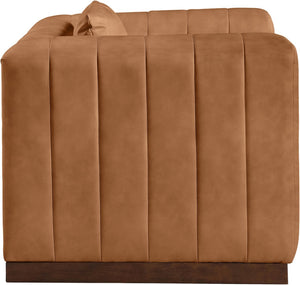 Meridian Furniture Mallina Channel Tufted Pu Leather Accent Chair with Walnut Wood Base for Living Room Cognac 44098Cognac-C