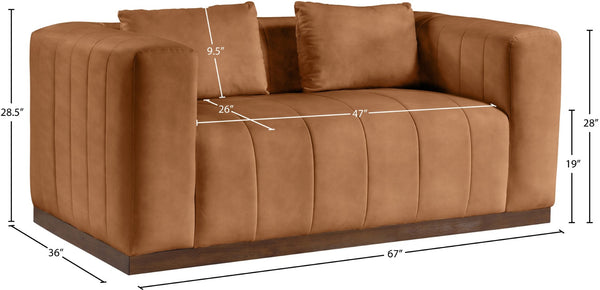 Meridian Furniture Mallina Channel Tufted Vegan Leather Sofa with Walnut Wood Base for Modern Living Rooms Cognac 67 inches 44098Cognac-L