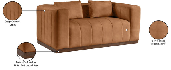 Meridian Furniture Mallina Channel Tufted Vegan Leather Sofa with Walnut Wood Base for Modern Living Rooms Cognac 67 inches 44098Cognac-L