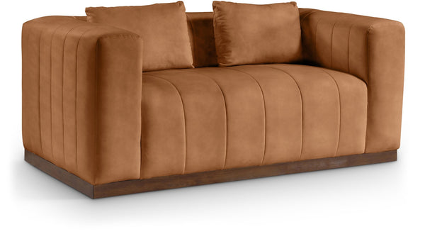 Meridian Furniture Mallina Channel Tufted Vegan Leather Sofa with Walnut Wood Base for Modern Living Rooms Cognac 67 inches 44098Cognac-L