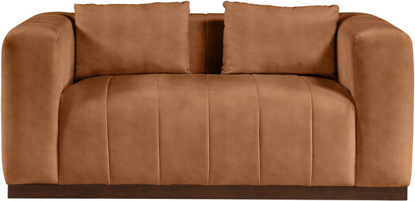 Meridian Furniture Mallina Channel Tufted Vegan Leather Sofa with Walnut Wood Base for Modern Living Rooms Cognac 67 inches 44098Cognac-L