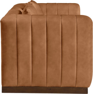 Meridian Furniture Mallina Channel Tufted Vegan Leather Sofa with Walnut Wood Base for Modern Living Rooms Cognac 67 inches 44098Cognac-L