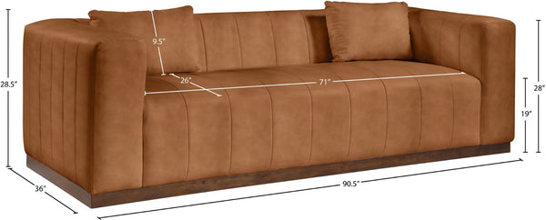 Meridian Furniture Mallina Channel Tufted Vegan Leather Sofa with Walnut Wood Base for Modern Living Rooms Cognac 90.5 inches 44098Cognac-S