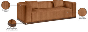 Meridian Furniture Mallina Channel Tufted Vegan Leather Sofa with Walnut Wood Base for Modern Living Rooms Cognac 90.5 inches 44098Cognac-S
