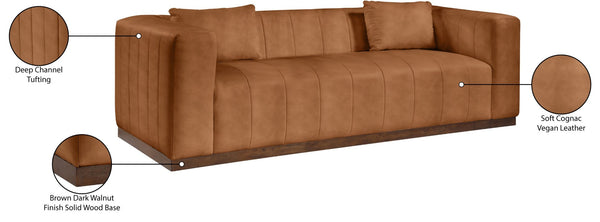 Meridian Furniture Mallina Channel Tufted Vegan Leather Sofa with Walnut Wood Base for Modern Living Rooms Cognac 90.5 inches 44098Cognac-S