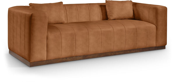 Meridian Furniture Mallina Channel Tufted Vegan Leather Sofa with Walnut Wood Base for Modern Living Rooms Cognac 90.5 inches 44098Cognac-S