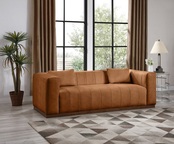 Meridian Furniture Mallina Channel Tufted Vegan Leather Sofa with Walnut Wood Base for Modern Living Rooms Cognac 90.5 inches 44098Cognac-S
