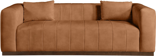 Meridian Furniture Mallina Channel Tufted Vegan Leather Sofa with Walnut Wood Base for Modern Living Rooms Cognac 90.5 inches 44098Cognac-S
