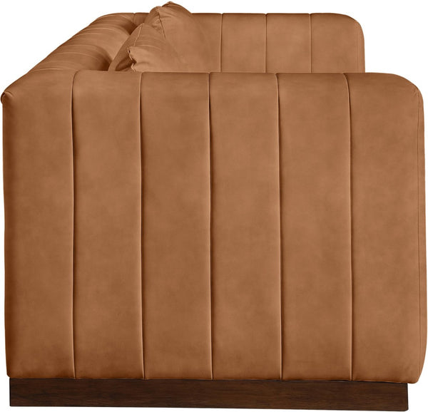Meridian Furniture Mallina Channel Tufted Vegan Leather Sofa with Walnut Wood Base for Modern Living Rooms Cognac 90.5 inches 44098Cognac-S