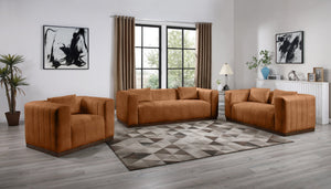 Meridian Furniture Mallina Channel Tufted Vegan Leather Sofa with Walnut Wood Base for Modern Living Rooms Cognac 90.5 inches 44098Cognac-S