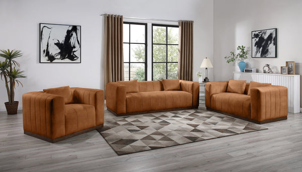 Meridian Furniture Mallina Channel Tufted Vegan Leather Sofa with Walnut Wood Base for Modern Living Rooms Cognac 90.5 inches 44098Cognac-S