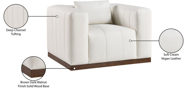 Meridian Furniture Mallina Channel Tufted Pu Leather Accent Chair with Walnut Wood Base for Living Room Cream 44098Cream-C