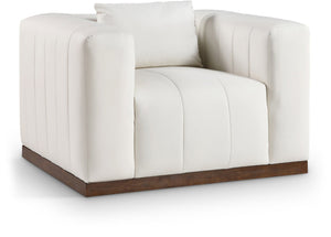 Meridian Furniture Mallina Channel Tufted Pu Leather Accent Chair with Walnut Wood Base for Living Room Cream 44098Cream-C