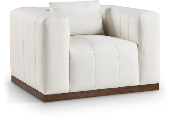 Meridian Furniture Mallina Channel Tufted Pu Leather Accent Chair with Walnut Wood Base for Living Room Cream 44098Cream-C