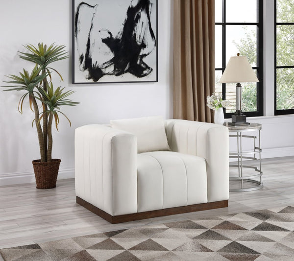 Meridian Furniture Mallina Channel Tufted Pu Leather Accent Chair with Walnut Wood Base for Living Room Cream 44098Cream-C