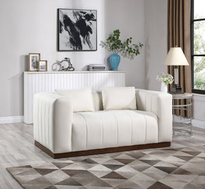 Meridian Furniture Mallina Channel Tufted Vegan Leather Sofa with Walnut Wood Base for Modern Living Rooms Cream 67 inches 44098Cream-L
