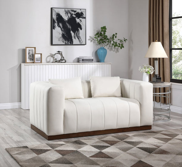 Meridian Furniture Mallina Channel Tufted Vegan Leather Sofa with Walnut Wood Base for Modern Living Rooms Cream 67 inches 44098Cream-L