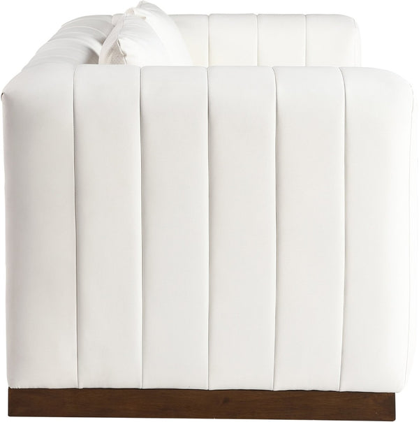 Meridian Furniture Mallina Channel Tufted Vegan Leather Sofa with Walnut Wood Base for Modern Living Rooms Cream 67 inches 44098Cream-L