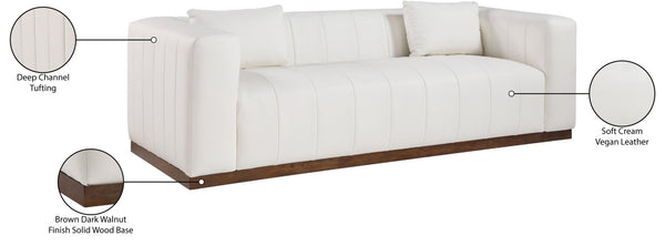 Meridian Furniture Mallina Channel Tufted Vegan Leather Sofa with Walnut Wood Base for Modern Living Rooms Cream 90.5 inches 44098Cream-S