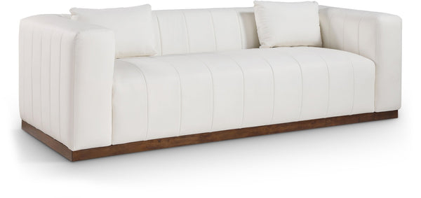 Meridian Furniture Mallina Channel Tufted Vegan Leather Sofa with Walnut Wood Base for Modern Living Rooms Cream 90.5 inches 44098Cream-S
