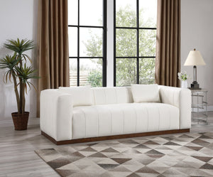 Meridian Furniture Mallina Channel Tufted Vegan Leather Sofa with Walnut Wood Base for Modern Living Rooms Cream 90.5 inches 44098Cream-S