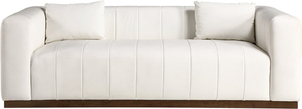 Meridian Furniture Mallina Channel Tufted Vegan Leather Sofa with Walnut Wood Base for Modern Living Rooms Cream 90.5 inches 44098Cream-S