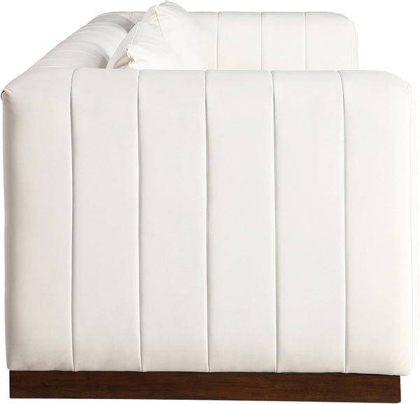 Meridian Furniture Mallina Channel Tufted Vegan Leather Sofa with Walnut Wood Base for Modern Living Rooms Cream 90.5 inches 44098Cream-S