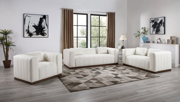 Meridian Furniture Mallina Channel Tufted Vegan Leather Sofa with Walnut Wood Base for Modern Living Rooms Cream 90.5 inches 44098Cream-S