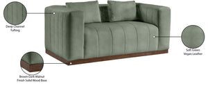 Meridian Furniture Mallina Channel Tufted Vegan Leather Sofa with Walnut Wood Base for Modern Living Rooms Green 67 inches 44098Green-L