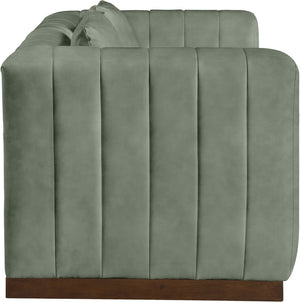 Meridian Furniture Mallina Channel Tufted Vegan Leather Sofa with Walnut Wood Base for Modern Living Rooms Green 67 inches 44098Green-L