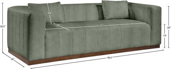Meridian Furniture Mallina Channel Tufted Vegan Leather Sofa with Walnut Wood Base for Modern Living Rooms Green 90.5 inches 44098Green-S