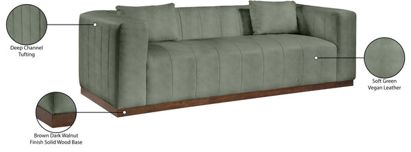Meridian Furniture Mallina Channel Tufted Vegan Leather Sofa with Walnut Wood Base for Modern Living Rooms Green 90.5 inches 44098Green-S