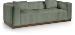 Meridian Furniture Mallina Channel Tufted Vegan Leather Sofa with Walnut Wood Base for Modern Living Rooms Green 90.5 inches 44098Green-S