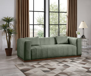 Meridian Furniture Mallina Channel Tufted Vegan Leather Sofa with Walnut Wood Base for Modern Living Rooms Green 90.5 inches 44098Green-S