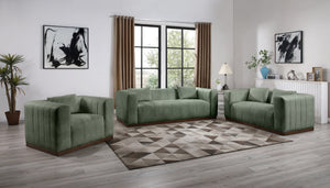 Meridian Furniture Mallina Channel Tufted Vegan Leather Sofa with Walnut Wood Base for Modern Living Rooms Green 90.5 inches 44098Green-S
