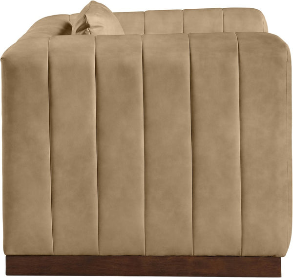 Meridian Furniture Mallina Channel Tufted Pu Leather Accent Chair with Walnut Wood Base for Living Room Tan 44098Tan-C