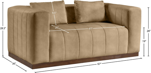 Meridian Furniture Mallina Channel Tufted Vegan Leather Sofa with Walnut Wood Base for Modern Living Rooms Tan 67 inches 44098Tan-L