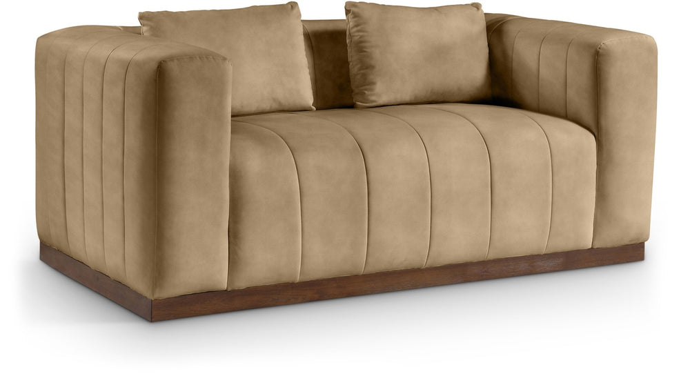 Meridian Furniture Mallina Channel Tufted Vegan Leather Sofa with Walnut Wood Base for Modern Living Rooms Tan 67 inches 44098Tan-L