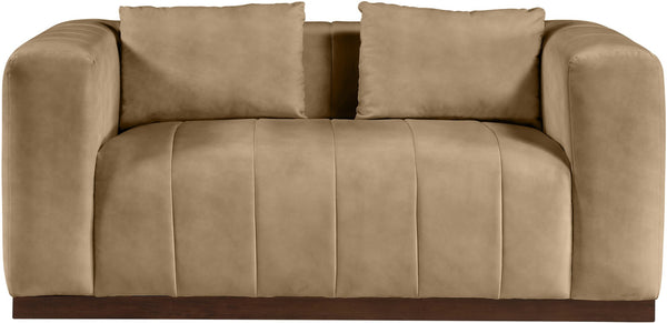 Meridian Furniture Mallina Channel Tufted Vegan Leather Sofa with Walnut Wood Base for Modern Living Rooms Tan 67 inches 44098Tan-L