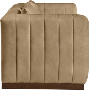 Meridian Furniture Mallina Channel Tufted Vegan Leather Sofa with Walnut Wood Base for Modern Living Rooms Tan 67 inches 44098Tan-L