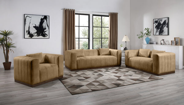 Meridian Furniture Mallina Channel Tufted Vegan Leather Sofa with Walnut Wood Base for Modern Living Rooms Tan 67 inches 44098Tan-L