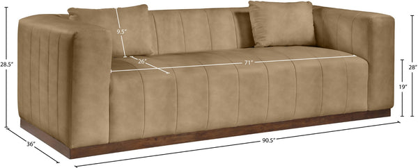 Meridian Furniture Mallina Channel Tufted Vegan Leather Sofa with Walnut Wood Base for Modern Living Rooms Tan 90.5 inches 44098Tan-S