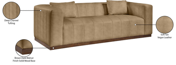 Meridian Furniture Mallina Channel Tufted Vegan Leather Sofa with Walnut Wood Base for Modern Living Rooms Tan 90.5 inches 44098Tan-S