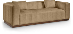 Meridian Furniture Mallina Channel Tufted Vegan Leather Sofa with Walnut Wood Base for Modern Living Rooms Tan 90.5 inches 44098Tan-S