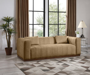 Meridian Furniture Mallina Channel Tufted Vegan Leather Sofa with Walnut Wood Base for Modern Living Rooms Tan 90.5 inches 44098Tan-S