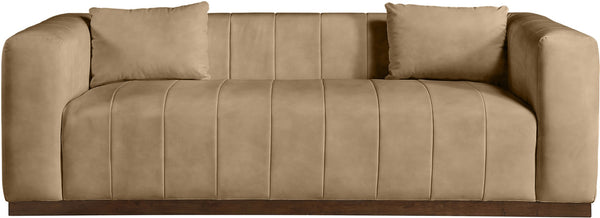 Meridian Furniture Mallina Channel Tufted Vegan Leather Sofa with Walnut Wood Base for Modern Living Rooms Tan 90.5 inches 44098Tan-S