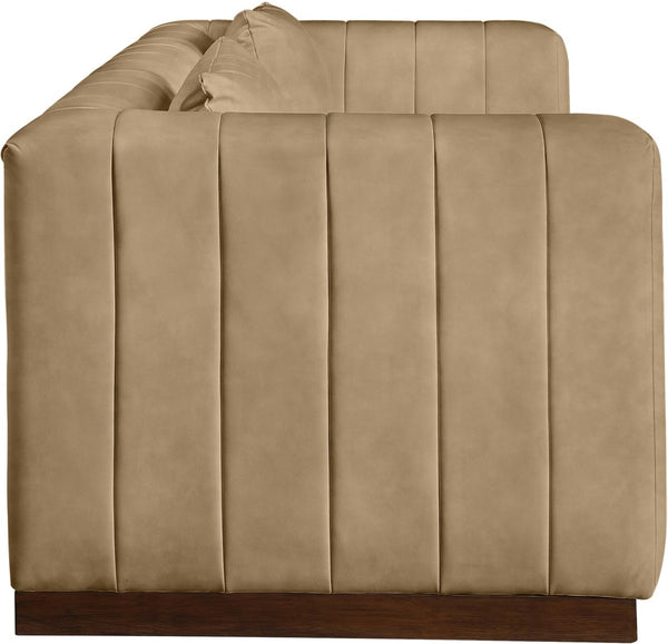 Meridian Furniture Mallina Channel Tufted Vegan Leather Sofa with Walnut Wood Base for Modern Living Rooms Tan 90.5 inches 44098Tan-S
